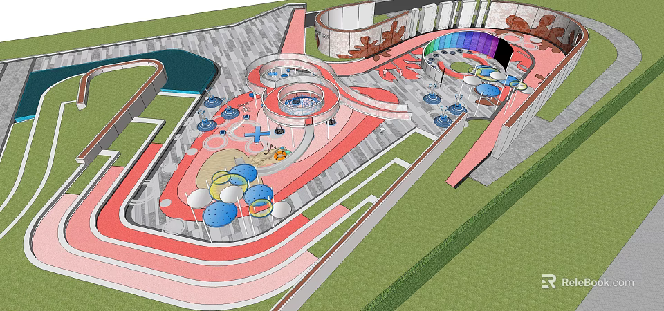 Interactive Children's Play Area With Colorful Flooring Circular Structures And Slides 3d model 