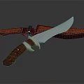 Sharp Hunting Knife With Polished Wooden Handle And Stitched Leather Sheath