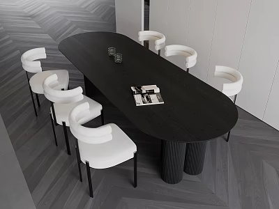 Modern Black Oval Dining Table Set With White Curved Backrest Chairs And Cylindrical Legs 3d model
