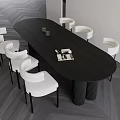 Modern Black Oval Dining Table Set With White Curved Backrest Chairs And Cylindrical Legs