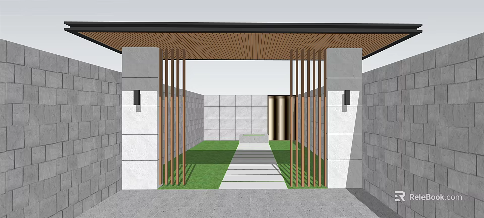 Roof Garden Design With Wooden Roof Bamboo Slats Stone Pathway And Green Lawn 3d model 
