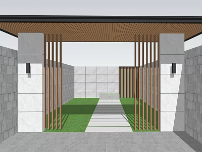Roof Garden Design With Wooden Roof Bamboo Slats Stone Pathway And Green Lawn 3d model