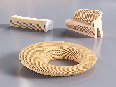 Modern Wooden Leisure Chair with Striped Texture and Circular Stool Bench 3d model