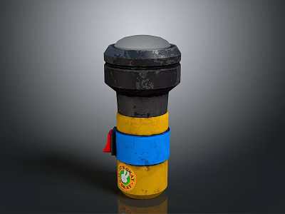 Cylindrical Industrial Structure With Gray Top Black Upper Yellow Blue Bands And Red Tag 3d model