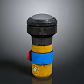 Cylindrical Industrial Structure With Gray Top Black Upper Yellow Blue Bands And Red Tag