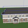 Two Story Detached Villa With Gray Roof Stone Wood Exterior Green Lawn And Trees