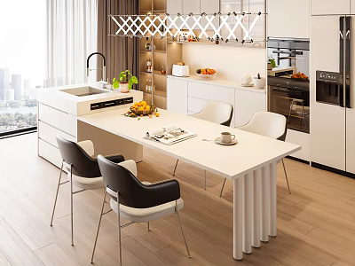 Modern Restaurant Open Kitchen Design With White Dining Table Black Chairs And City View 3d model