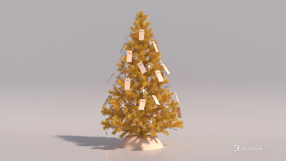 Golden Christmas Tree Photo Spot with Hanging Tags and Star Decorations 3d model 