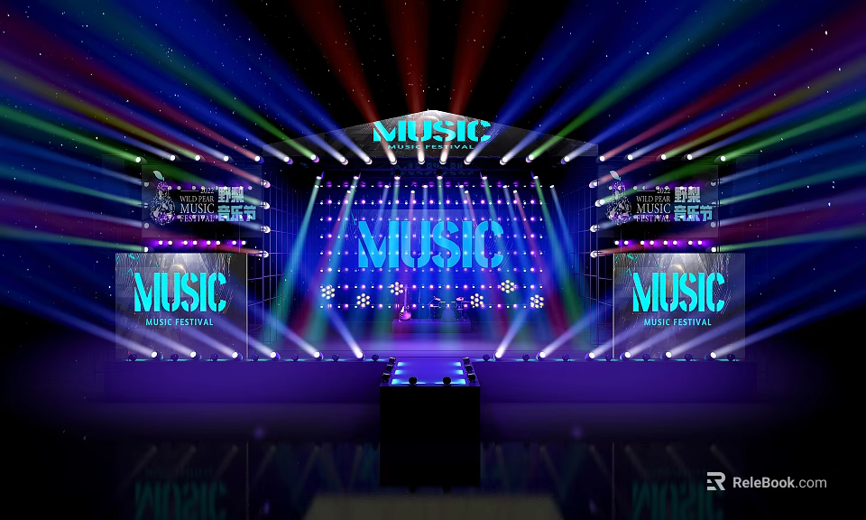 Music Concert Stage With Colorful Lights LED Screens And Light Beams 3d model 