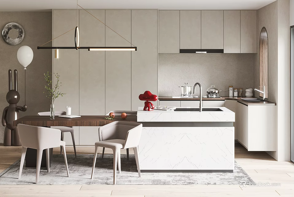 Elegant Modern Restaurant Interior With Luxury Dining Table And Upholstered Chairs 3d model 