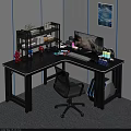 Modern Corner Gaming Desk Setup with Purple Lighting Computer Monitor Keyboard and Iron Man Figure