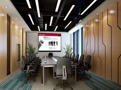 Modern Meeting Room Interior Design With Long Table Black Chairs Projector Screen And Plants 3d model