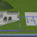 Industrial Facility Layout With Blue Pipes Green Grassland Buildings And Water Ponds