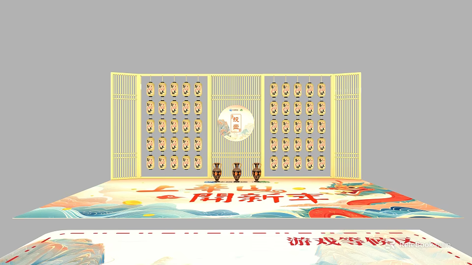 Chinese New Home Decoration With Wooden Screen Red Lanterns And Fortune Character 3d model 