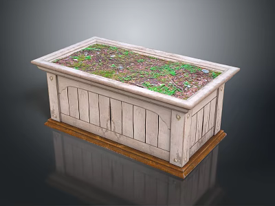 Wooden Striped Garden Planter With Soil and Green Plants On Wooden Base 3d model