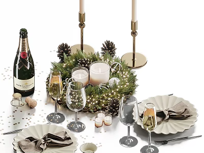 Elegant Tableware Set With Champagne Bottle Wine Glasses Candles And Decorative Wreath For Festive Gatherings 3d model