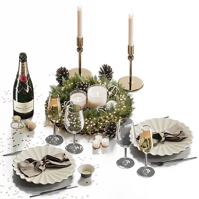 Elegant Tableware Set With Champagne Bottle Wine Glasses Candles And Decorative Wreath For Festive Gatherings 3d model