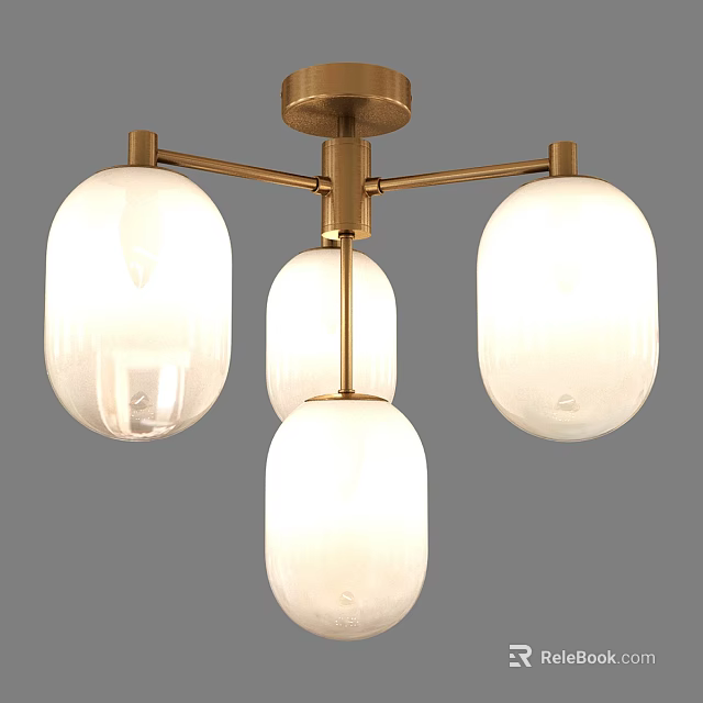 Modern Gold Metal Chandelier With White Glass Shades And Four Lights 3d model 