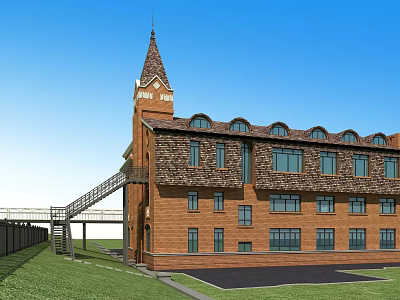 Red Brick Office Building With Steeple Tower Clock Multiple Windows Green Lawn And Connecting Walkway 3d model