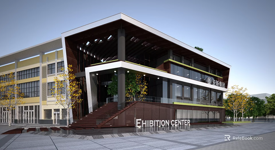 Modern Sales Office Building With Glass Curtain Walls Wooden Elements And Staircase Surrounded By Trees 3d model 