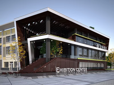 Modern Sales Office Building With Glass Curtain Walls Wooden Elements And Staircase Surrounded By Trees 3d model