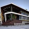 Modern Sales Office Building With Glass Curtain Walls Wooden Elements And Staircase Surrounded By Trees