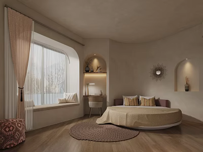 Modern Hotel Guest Room With Round Bed Bay Window And Cozy Interior Design 3d model