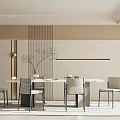 Modern Restaurant With White Long Table Chairs Light Colored Wall Vertical Stripe And Soft Lighting