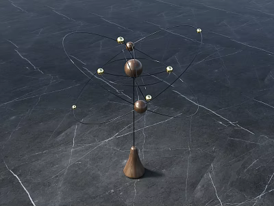 Abstract Sculpture with Metal Rod Golden Spheres on Dark Cracked Ground 3d model
