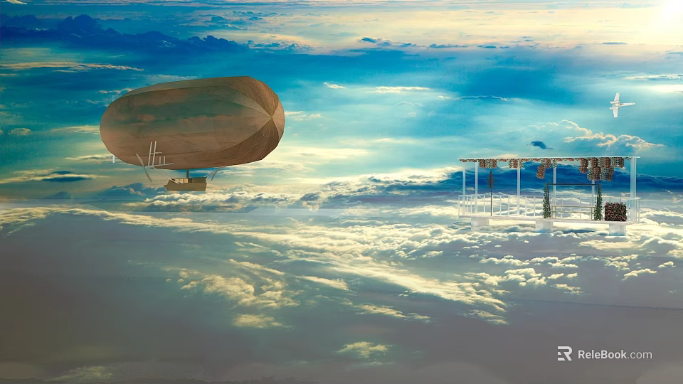 Airship Floating Near Tall Tower In Blue Sky With White Clouds 3d model 