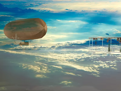 Airship Floating Near Tall Tower In Blue Sky With White Clouds 3d model