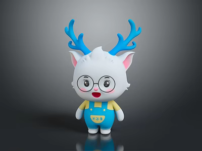 White Cartoon Cat Character With Blue Antlers Glasses And Blue Overalls With Yellow Buttons 3d model