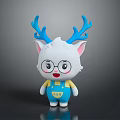 White Cartoon Cat Character With Blue Antlers Glasses And Blue Overalls With Yellow Buttons