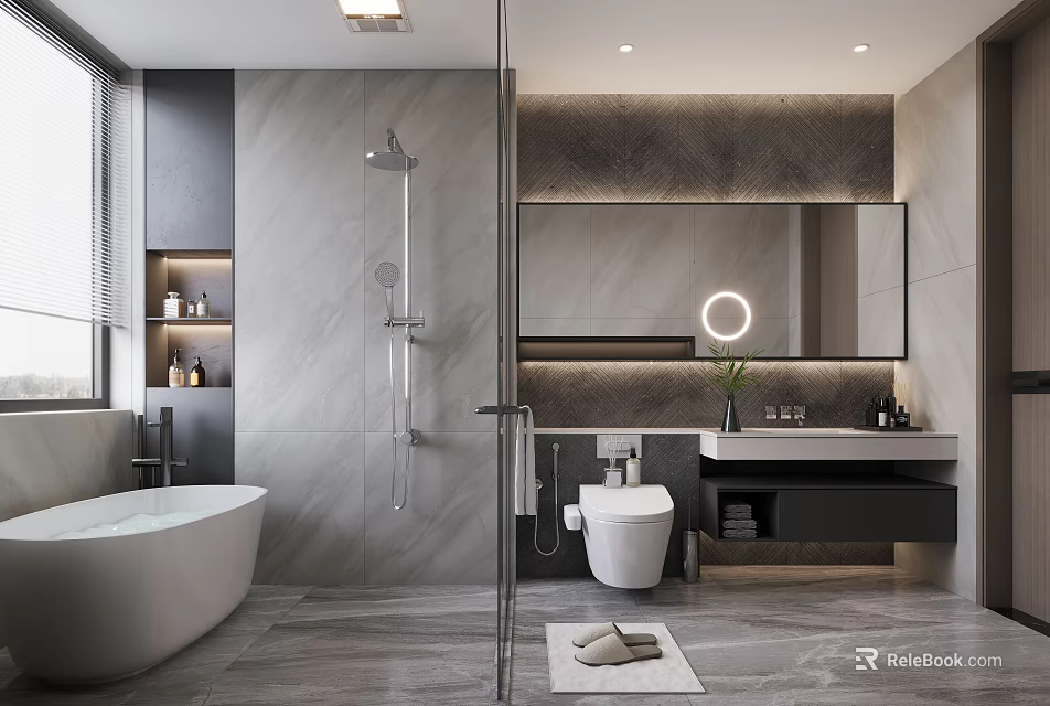 Modern Bathroom Interior With Freestanding Bathtub Rainfall Shower Backlit Mirror And Marble Vanity 3d model 