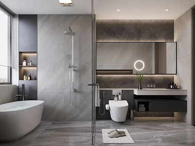 Modern Bathroom Interior With Freestanding Bathtub Rainfall Shower Backlit Mirror And Marble Vanity 3d model