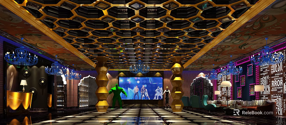 Modern KTV Interior With Honeycomb Ceiling Large Screen And Decorative Columns 3d model 
