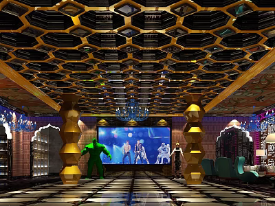 Modern KTV Interior With Honeycomb Ceiling Large Screen And Decorative Columns 3d model