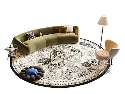 Green Curved Sofa and Glass Coffee Table Set with Cushions Round Rug and Floor Lamp 3d model