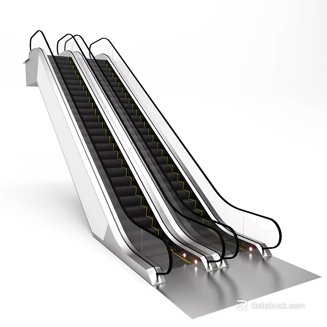 Modern Escalator Design With Silver Metal Frame Black Steps And Transparent Handrails 3d model 