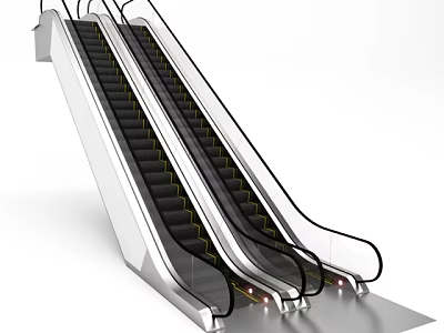 Modern Escalator Design With Silver Metal Frame Black Steps And Transparent Handrails 3d model
