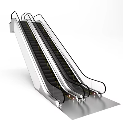 Modern Escalator Design With Silver Metal Frame Black Steps And Transparent Handrails 3d model