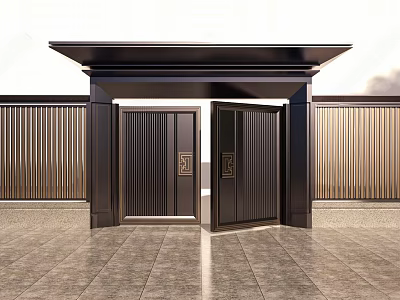 Contemporary Black Metal Double Gate With Decorative Panels Slatted Metal Walls And Stone Pavement 3d model