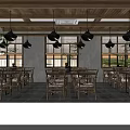 Cozy Restaurant Interior Design With Wooden Ceiling Black Pendant Lights And Wooden Furniture