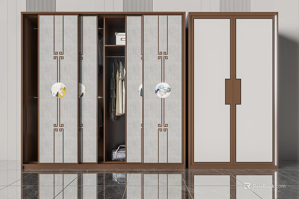 Modern Wardrobe With Glass Panel Doors Visible Clothes And Brown Frame Design 3d model