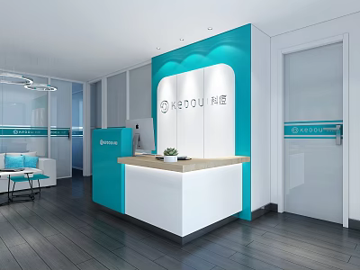 Modern Blue And White Reception Desk In Office Lobby With Logo And Sofa Seating 3d model