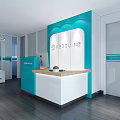 Modern Blue And White Reception Desk In Office Lobby With Logo And Sofa Seating