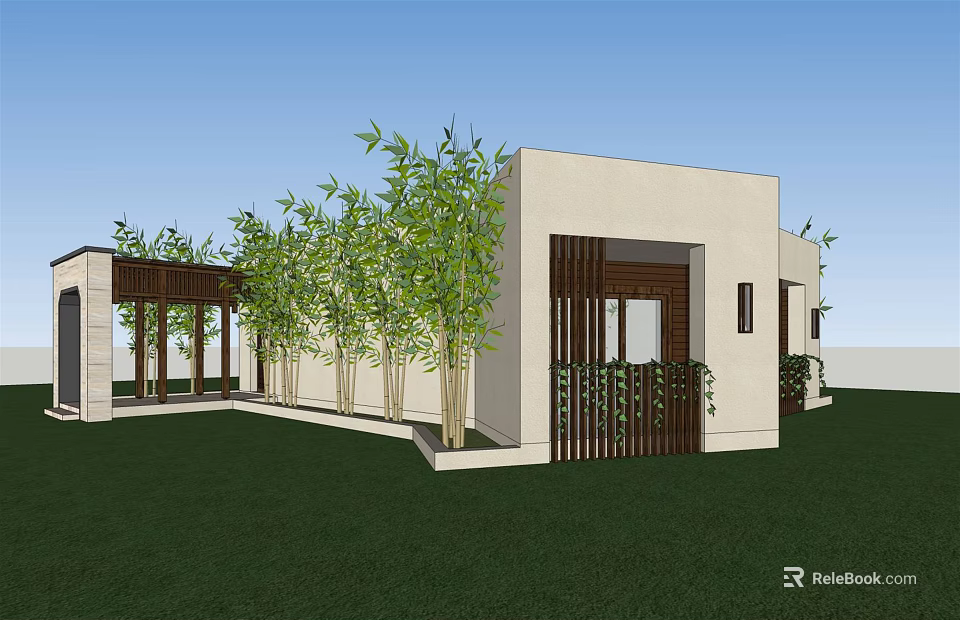 Modern Detached Villa With White Exterior Wooden Grilles And Bamboo Plants On Green Lawn 3d model 
