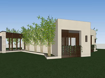 Modern Detached Villa With White Exterior Wooden Grilles And Bamboo Plants On Green Lawn 3d model