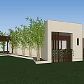 Modern Detached Villa With White Exterior Wooden Grilles And Bamboo Plants On Green Lawn