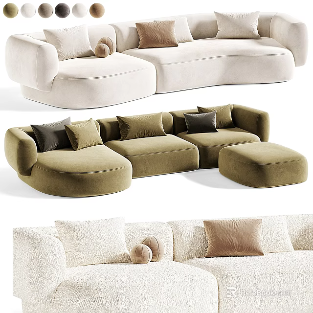 Elegant Modern Sectional Sofa With Soft Upholstery Decorative Pillows And Ottoman 3d model 